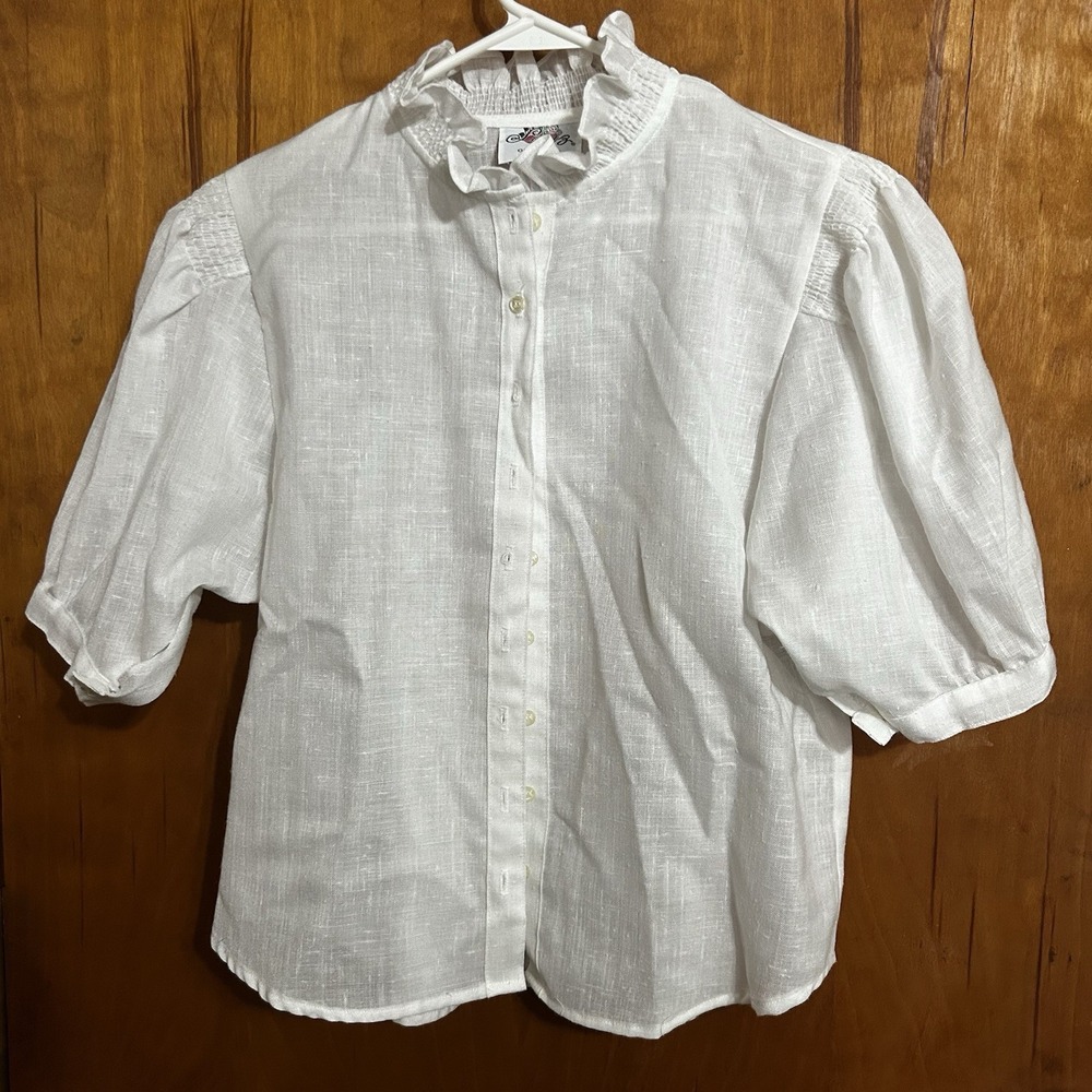 Vintage Original  Lanz White Blouse Buttons Size 11/12 Made In USA Ruffles‎